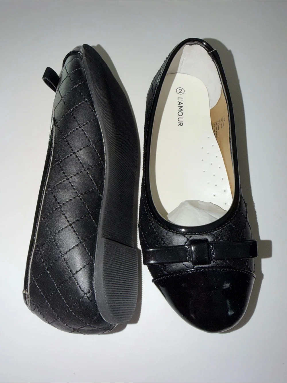 NWT L’Amour Girls Size 2 Black Quilted Cap Toe Mary Jane Flats | Bow